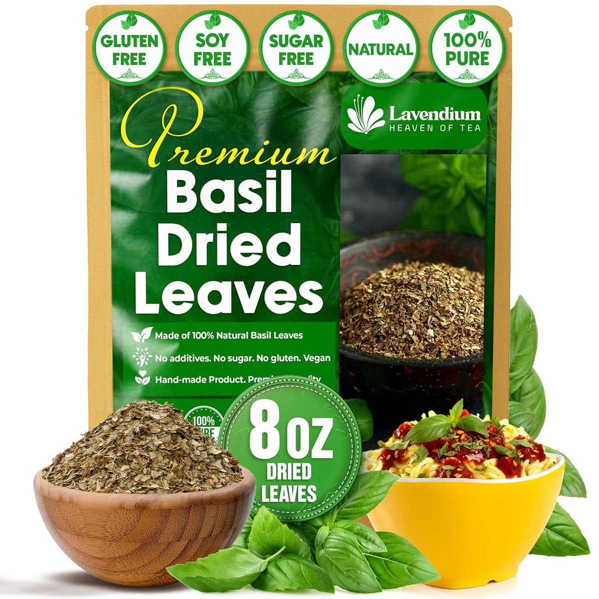 Lavendium, Premium 8oz Dried Basil – 100% Pure, Non-GMO, Gluten-Free, Vegan – Aromatic Culinary Herb for Cooking, Garnish, and Seasoning – No Additives or Preservatives – Resealable Bag