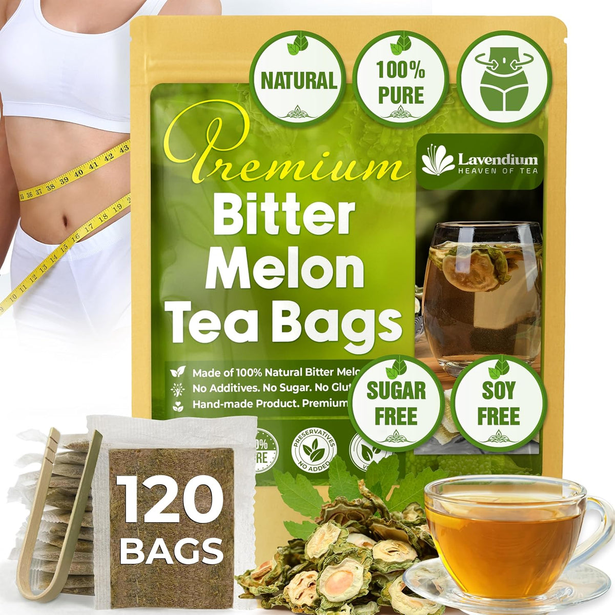 Lavendium, Premium Bitter Melon Fruit Tea Bags, 100% Natural and Pure, Hand-made, Made With Natural Materials-Corn Fiber Tea Bag, Sugar Free, Caffeine Free, Gluten Free, Vegan