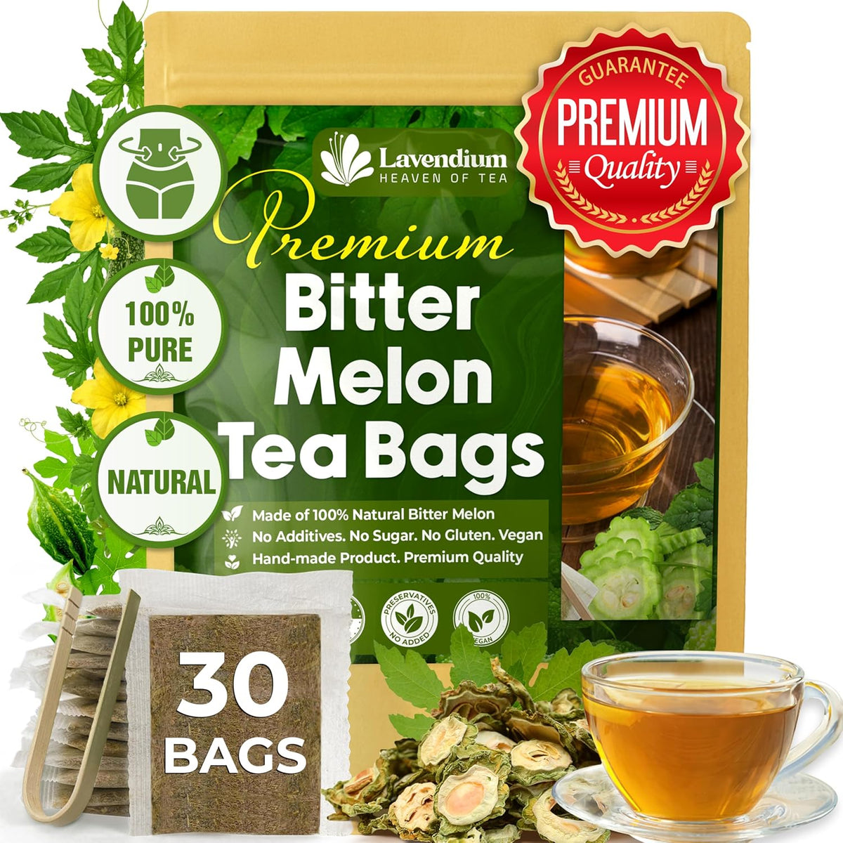 Lavendium, Premium Bitter Melon Fruit Tea Bags, 100% Natural and Pure, Hand-made, Made With Natural Materials-Corn Fiber Tea Bag, Sugar Free, Caffeine Free, Gluten Free, Vegan
