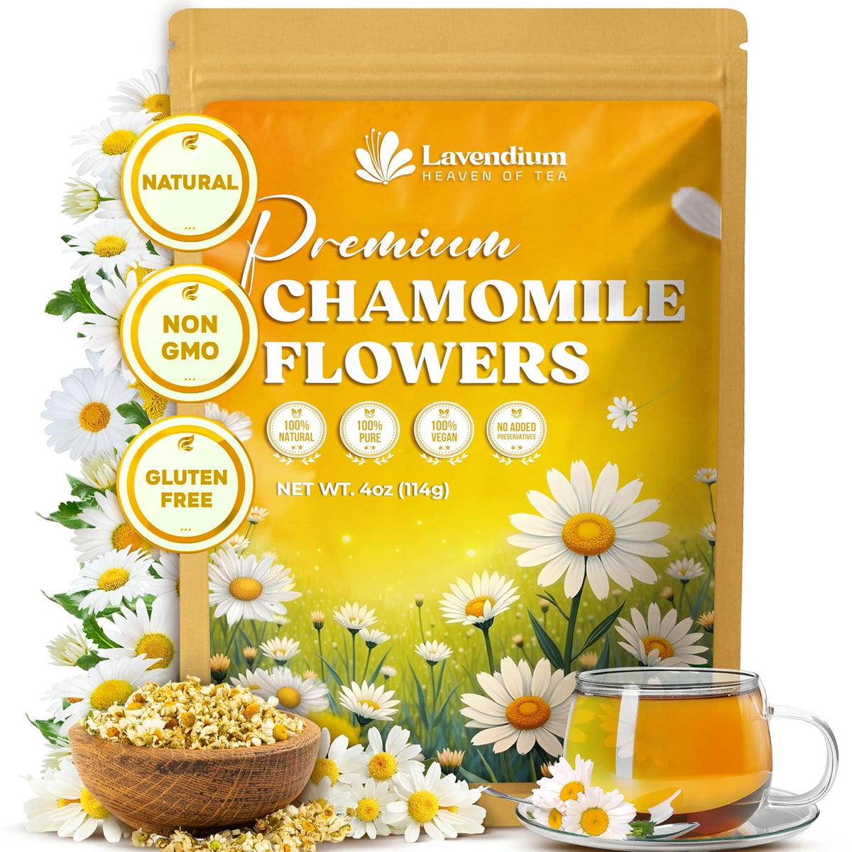 Lavendium, Premium Dried Chamomile Flowers – Whole Chamomile Flower, Premium Quality, 100% Natural & Pure, Naturally Caffeine-Free, No Additives or Preservatives, Plant-Based & Vegan