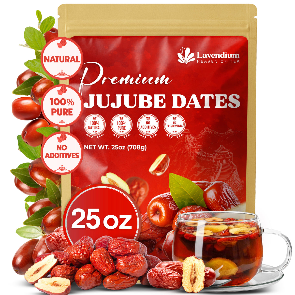 Lavendium, Dried Jujube Dates, 100% Natural & Pure Red Dates, No Additives or Preservatives, Non-GMO, Gluten-Free, Plant-Based & Vegan, Perfect for Snacking, Tea & Cooking