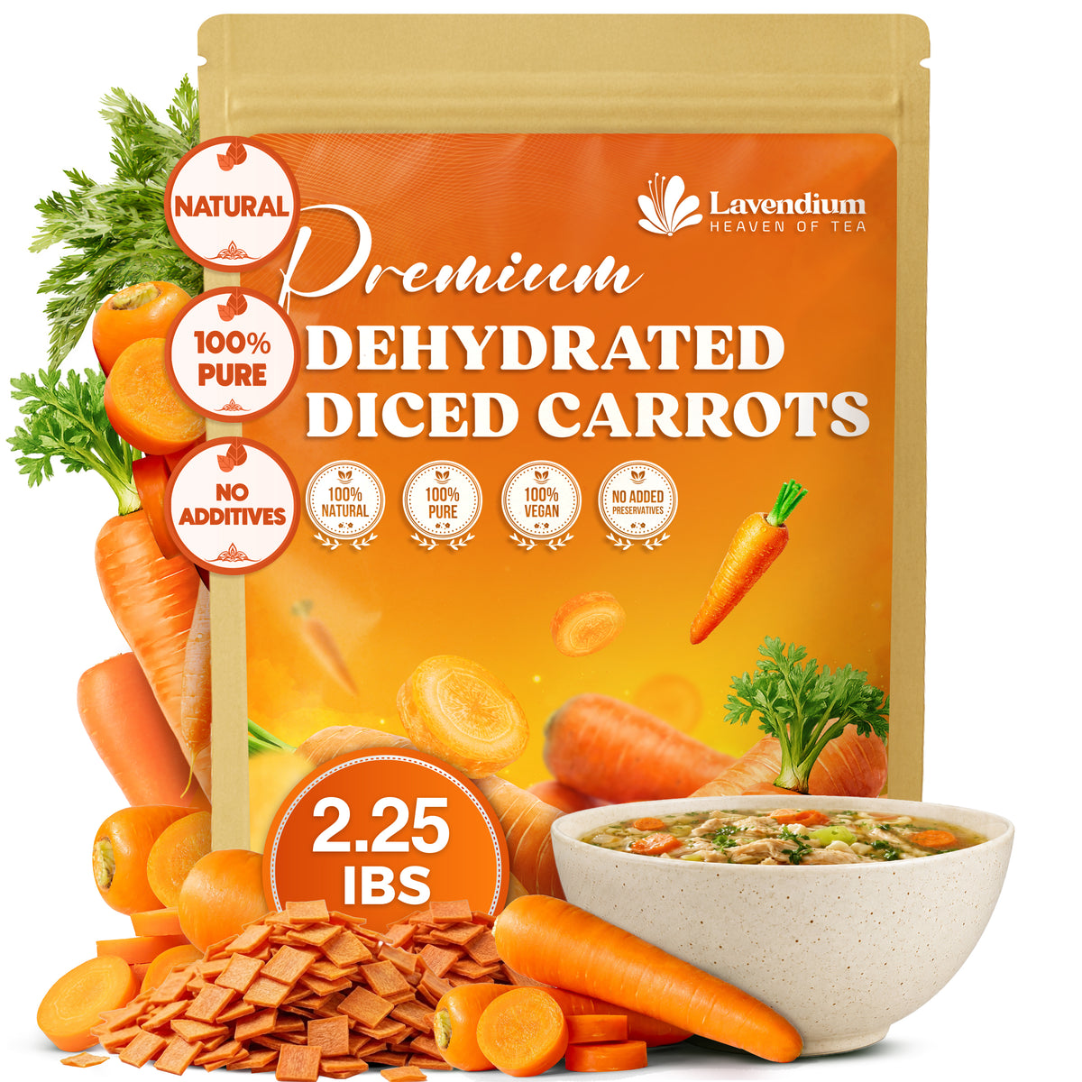 Lavendium, Dried Diced Carrots, 100% Natural & Pure Dehydrated Carrots, No Additives or Preservatives, Non-GMO, Gluten-Free, Plant-Based & Vegan, Perfect for Soups, Cooking & Meal Prep