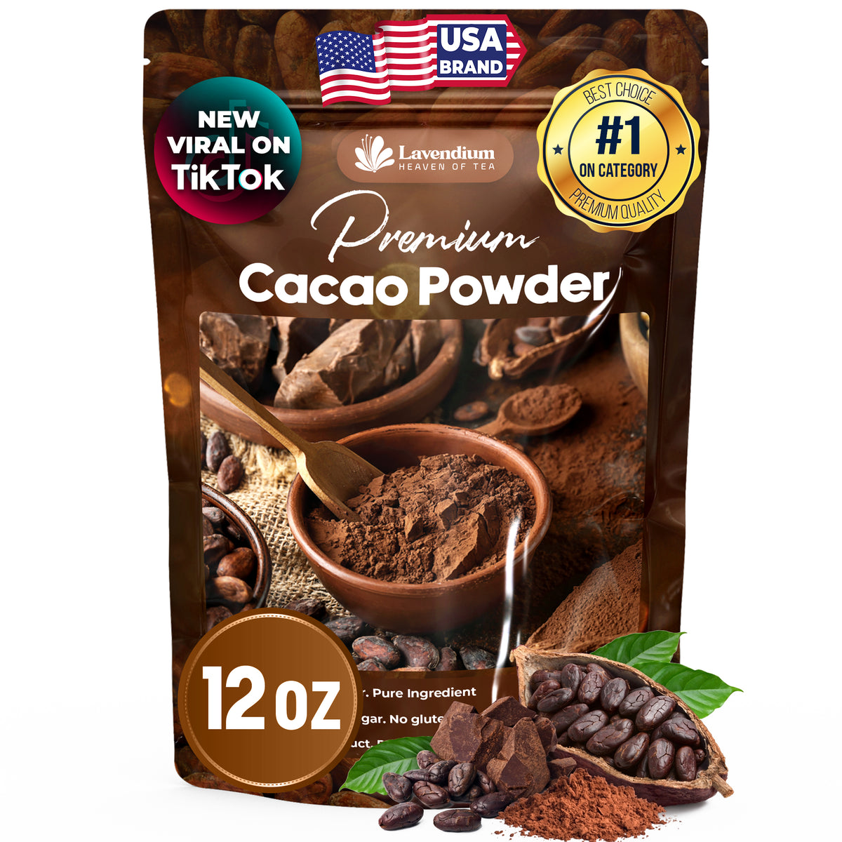 Lavendium, Premium Cacao Powder, 100% Natural & Pure, Unsweetened, Rich Chocolate Flavor, Perfect for Baking & Smoothies No Additives, No Gluten, Vegan