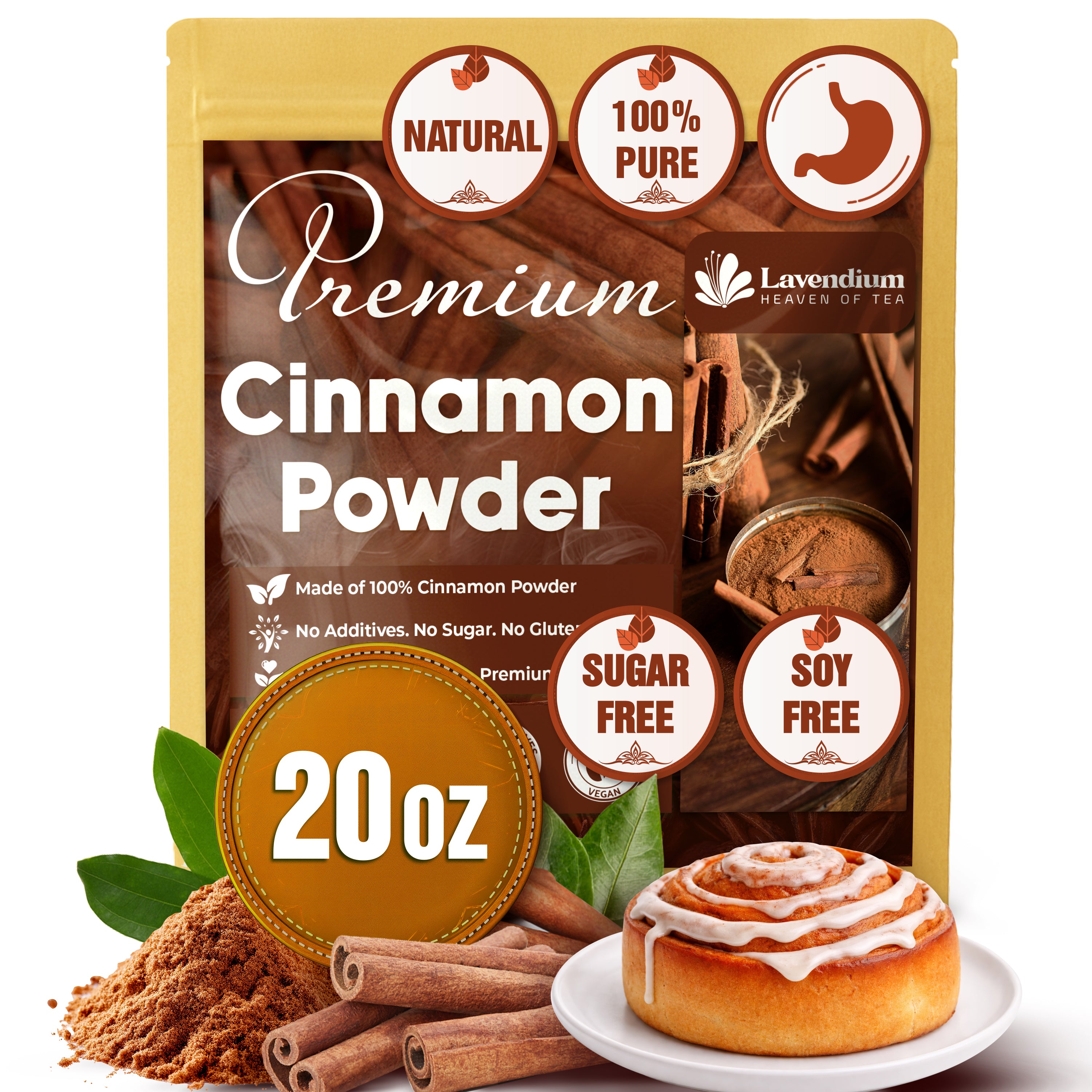 Lavendium, Premium 20oz (1.25 lbs) Cinnamon Powder, 100% Natural & Pure Ground Cinnamon Bark, No Additives or Preservatives, Non-GMO, Gluten-Free, Plant-Based & Vegan, Perfect for Baking, Cooking & Beverages