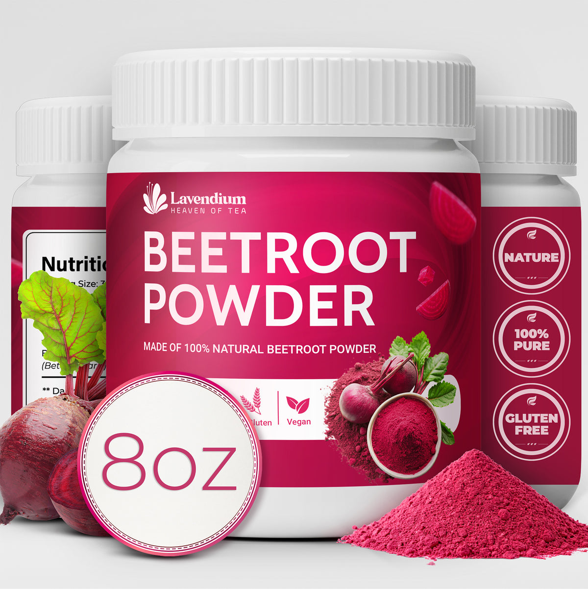 Lavendium Beetroot Powder 8oz – 100% Pure Red Beet Root, Finely Ground, Non-GMO, No Additives or Preservatives, Plant-Based & Vegan, Natural Food Coloring