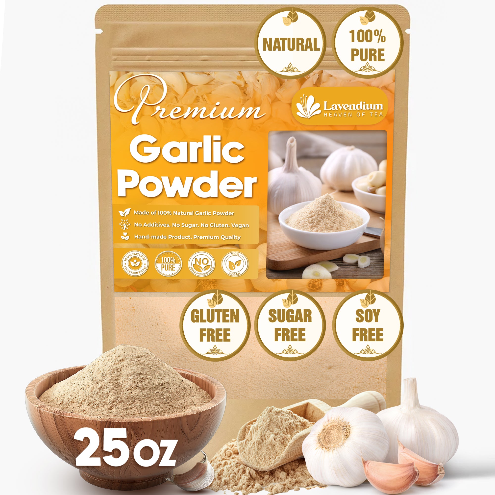Lavendium, Premium 25oz Garlic Powder, 100% Natural and Pure from Garlic, Rich Flavor, Perfect for Cooking & Seasoning, No Additives, No Gluten, No Sugar, Vegan