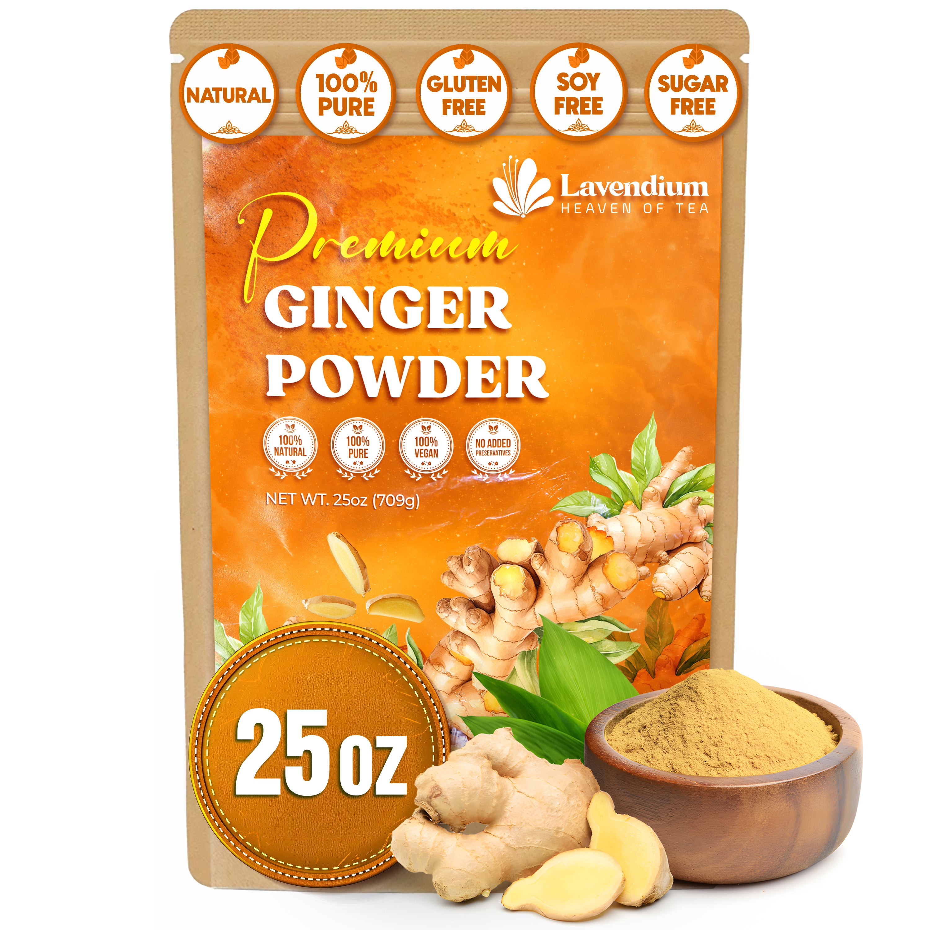 Lavendium, Premium 25oz (1.56 lbs) Ginger Powder – Ground Ginger Root – Pure, No Additives – Ideal for Cooking, Baking, Smoothies, and Spice Blends. No Sugar, No Caffeine, No Gluten, Vegan
