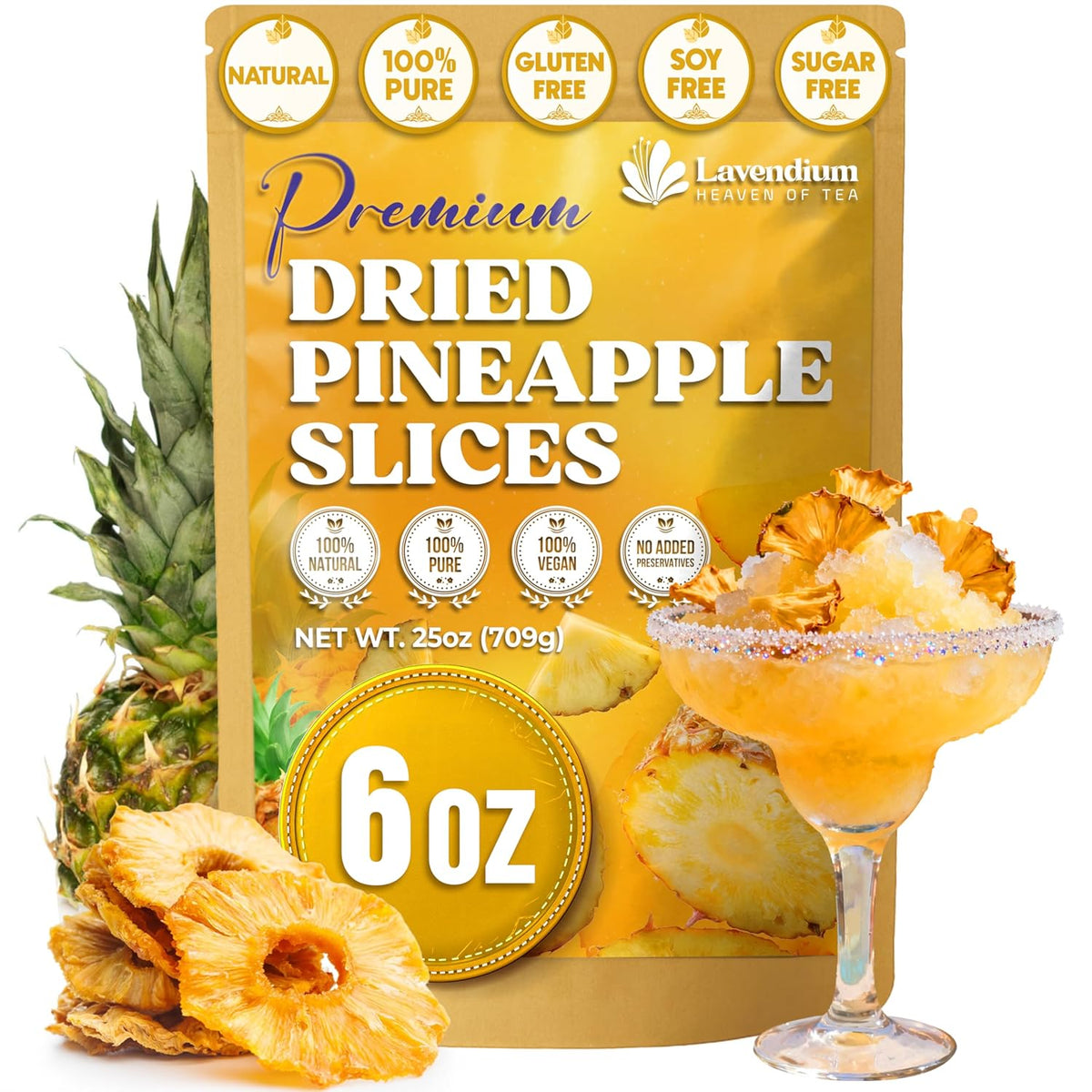 Lavendium, Dried Pineapple Slices 6oz – Premium Quality, Naturally Sweet & Tangy, Tropical Snack, Non-GMO, No Added Preservatives, Resealable Bag. Vegan