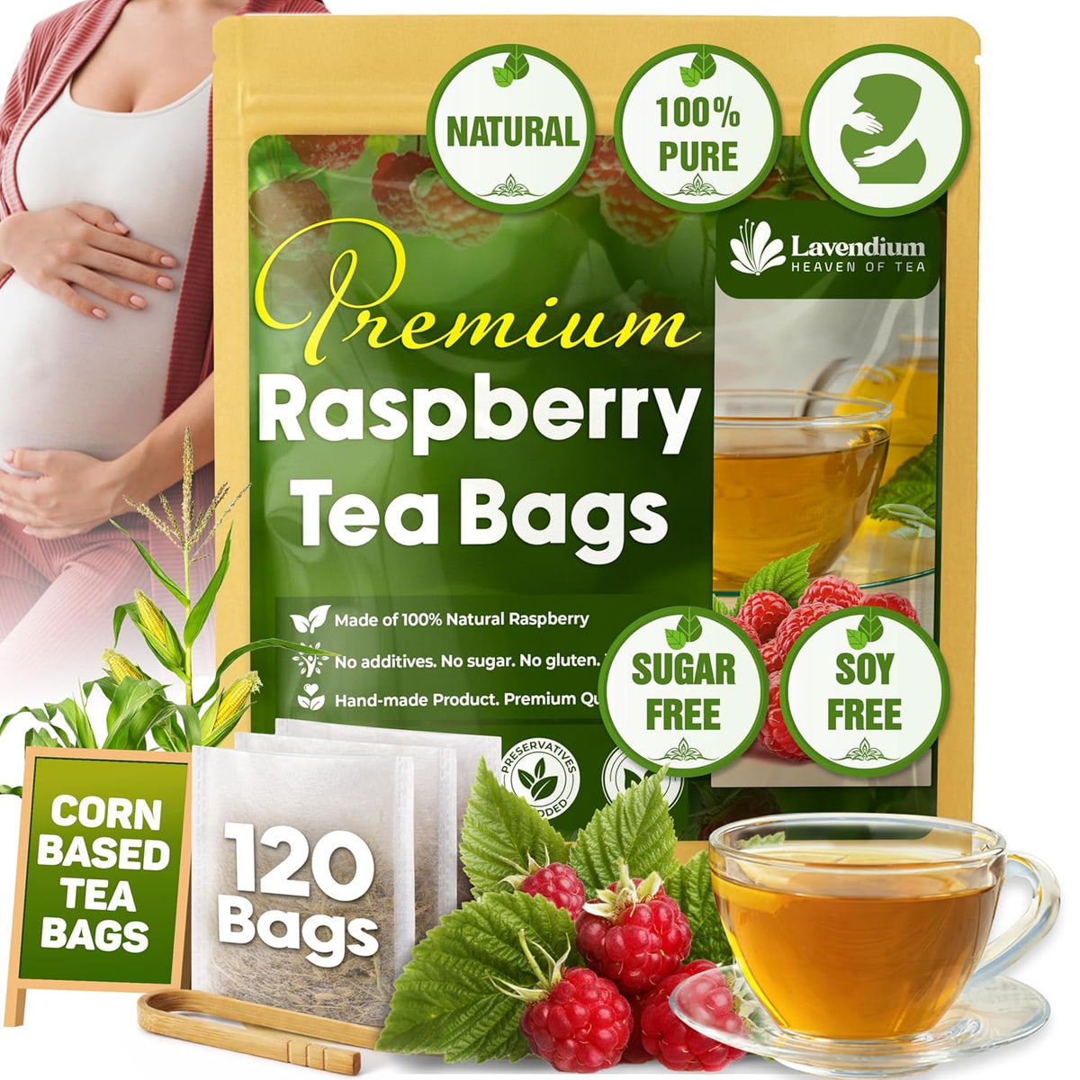 Lavendium, Premium Raspberry Leaf Tea Bags, 100% Natural & Pure, Loose Leaf Raspberry Herbal Tea, No Sugar, No Caffeine, No Gluten, Vegan
