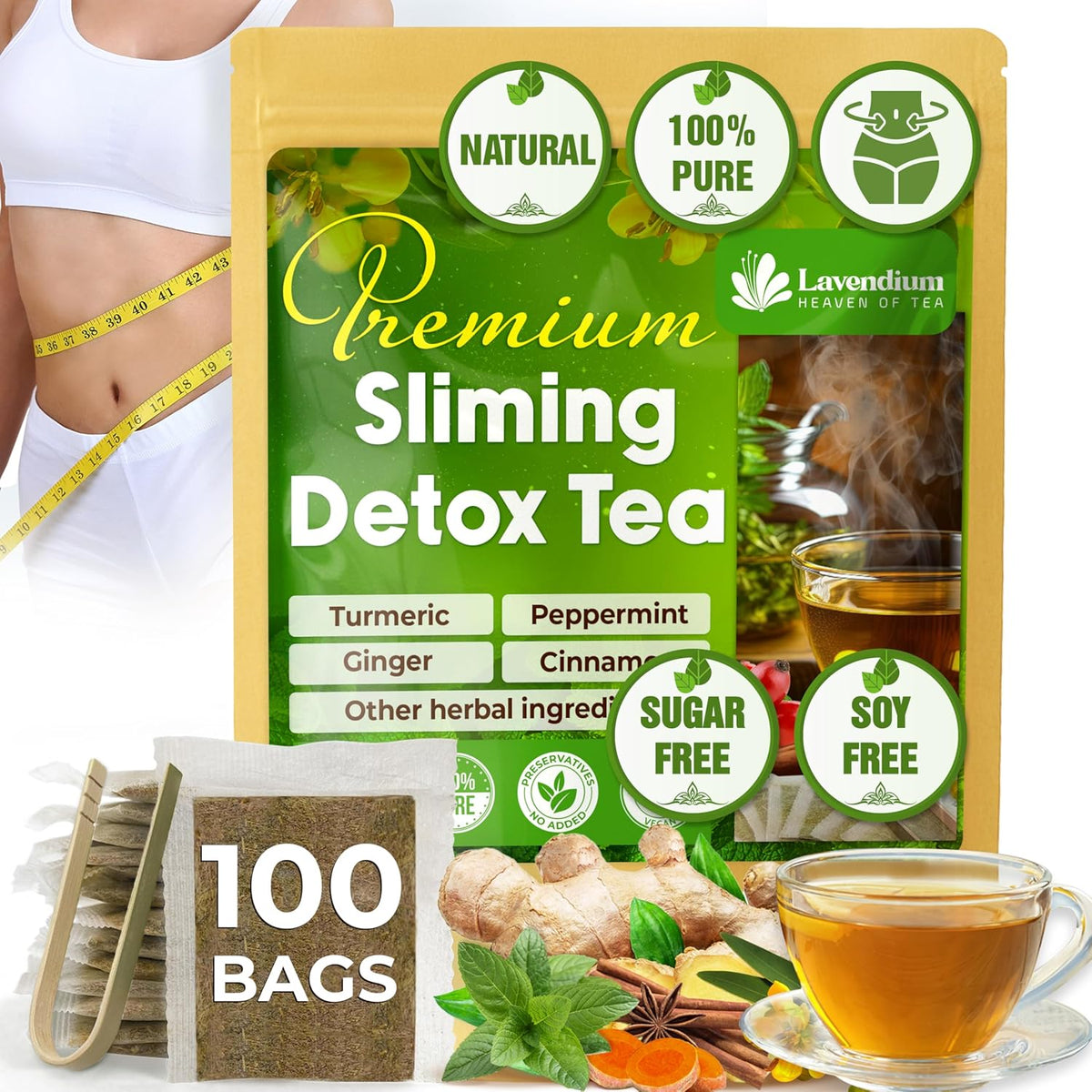 Lavendium, Premium SIimming Detox Tea Bags, Caffeine Free, Herbal Tea with Chamomile, Hibiscus Tea & Ginger Root for Colon Cleanse – Natural Citrus & Cinnamon Herbal Tea for Digestive Health